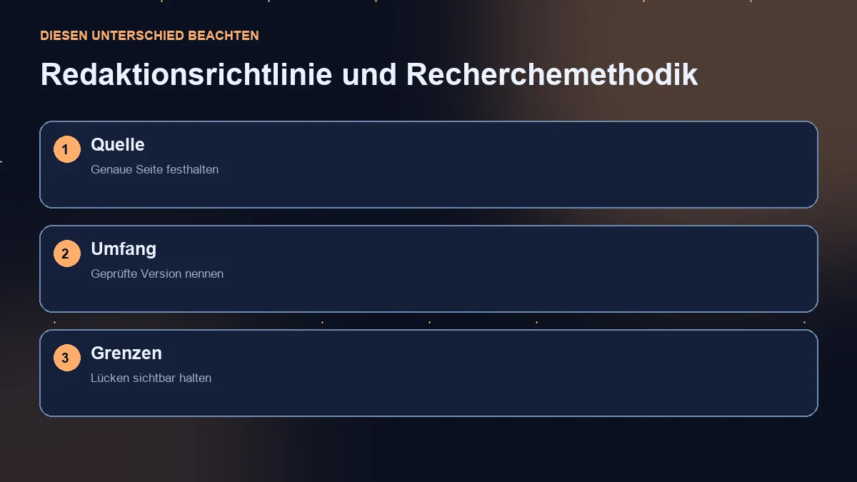Diagramm in drei Schritten: genaue Quelle, untersuchte Version und Grenzen.