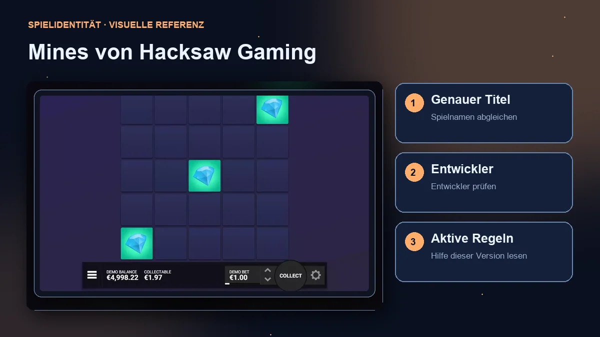 Mines von Hacksaw Gaming: Oberfläche mit Prüfung von Titel, Entwickler und Regeln.