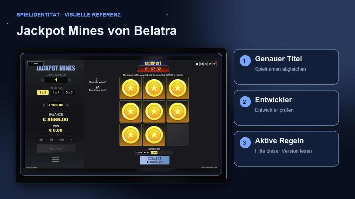 Jackpot Mines von Belatra: Oberfläche mit Prüfung von Titel, Entwickler und Regeln.