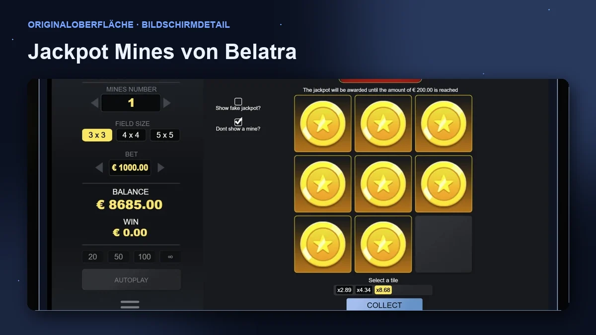 Jackpot Mines von Belatra: Detail der Spieloberfläche.