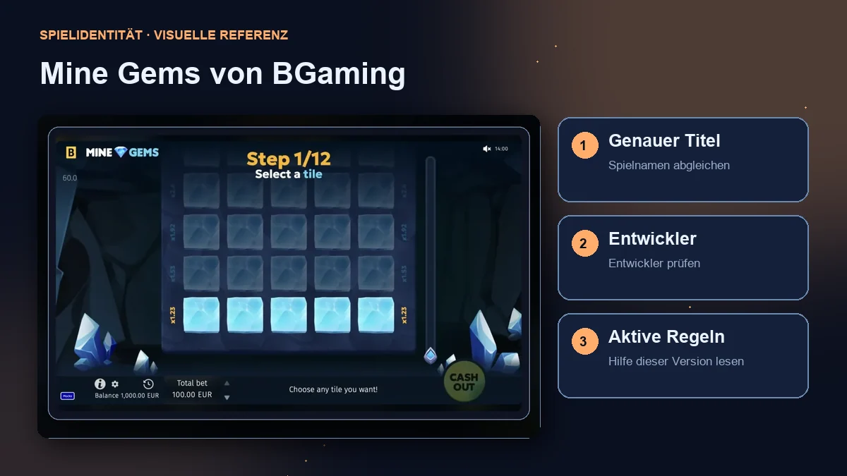 Mine Gems von BGaming: Oberfläche mit Prüfung von Titel, Entwickler und Regeln.