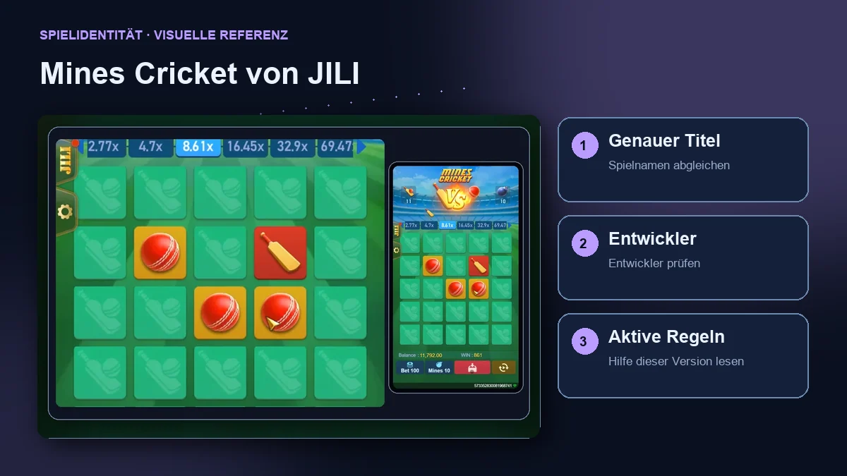 Mines Cricket von JILI: Oberfläche mit Prüfung von Titel, Entwickler und Regeln.