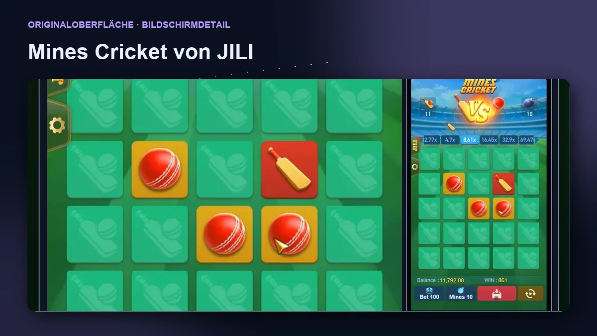 Mines Cricket von JILI: Detail der Spieloberfläche.