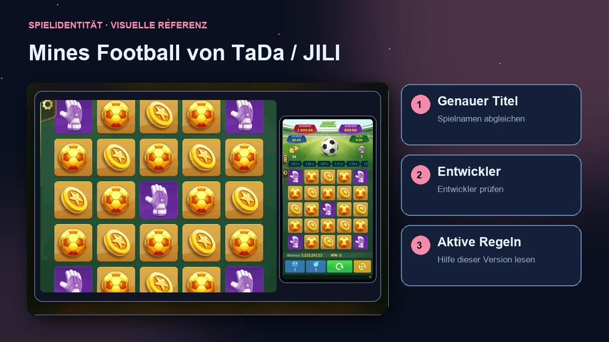 Mines Football von TaDa / JILI: Oberfläche mit Prüfung von Titel, Entwickler und Regeln.