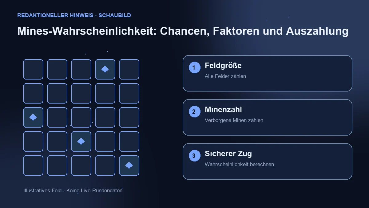 Illustrationsfeld und drei Prüfungen: Feldgröße, Minen und sichere Zugwahrscheinlichkeit.