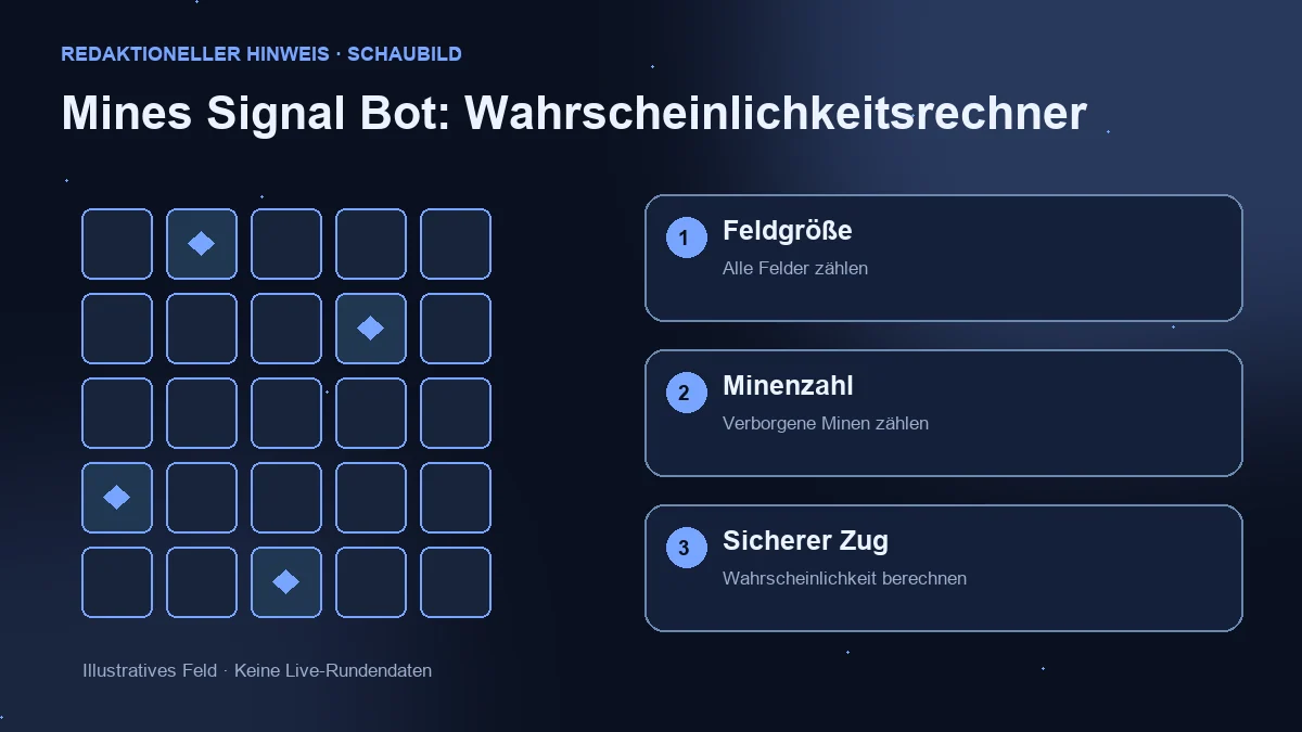 Illustrationsfeld und drei Prüfungen: Feldgröße, Minen und sichere Zugwahrscheinlichkeit.