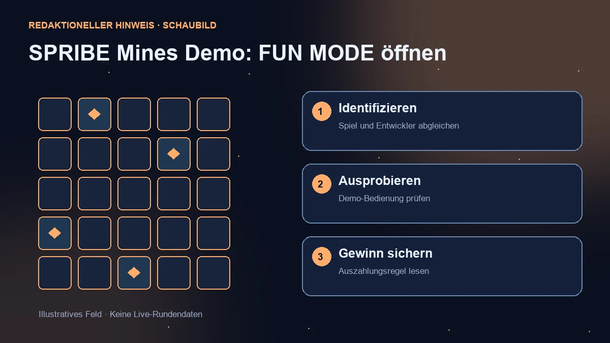 Illustrationsfeld und drei Prüfungen: Spielidentifikation, Demobedienung und Gewinnsicherung.