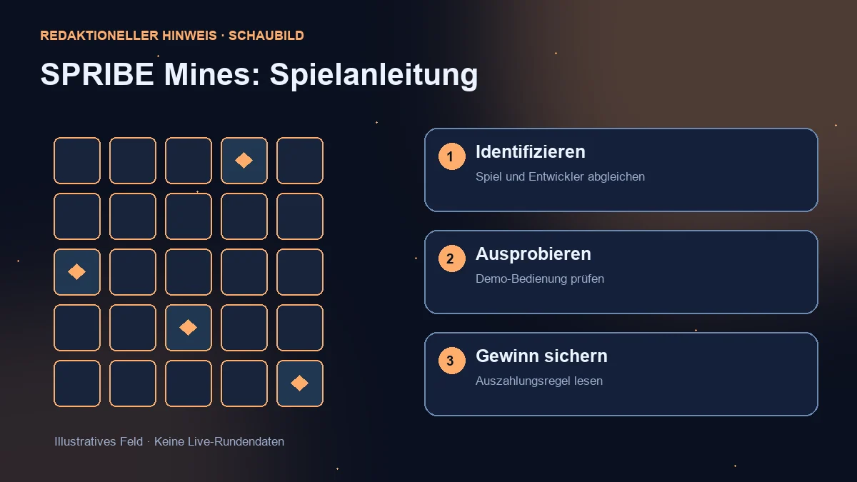 Illustrationsfeld und drei Prüfungen: Spielidentifikation, Demobedienung und Gewinnsicherung.