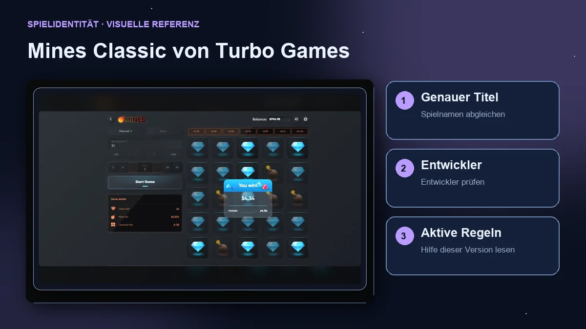 Mines Classic von Turbo Games: Oberfläche mit Prüfung von Titel, Entwickler und Regeln.