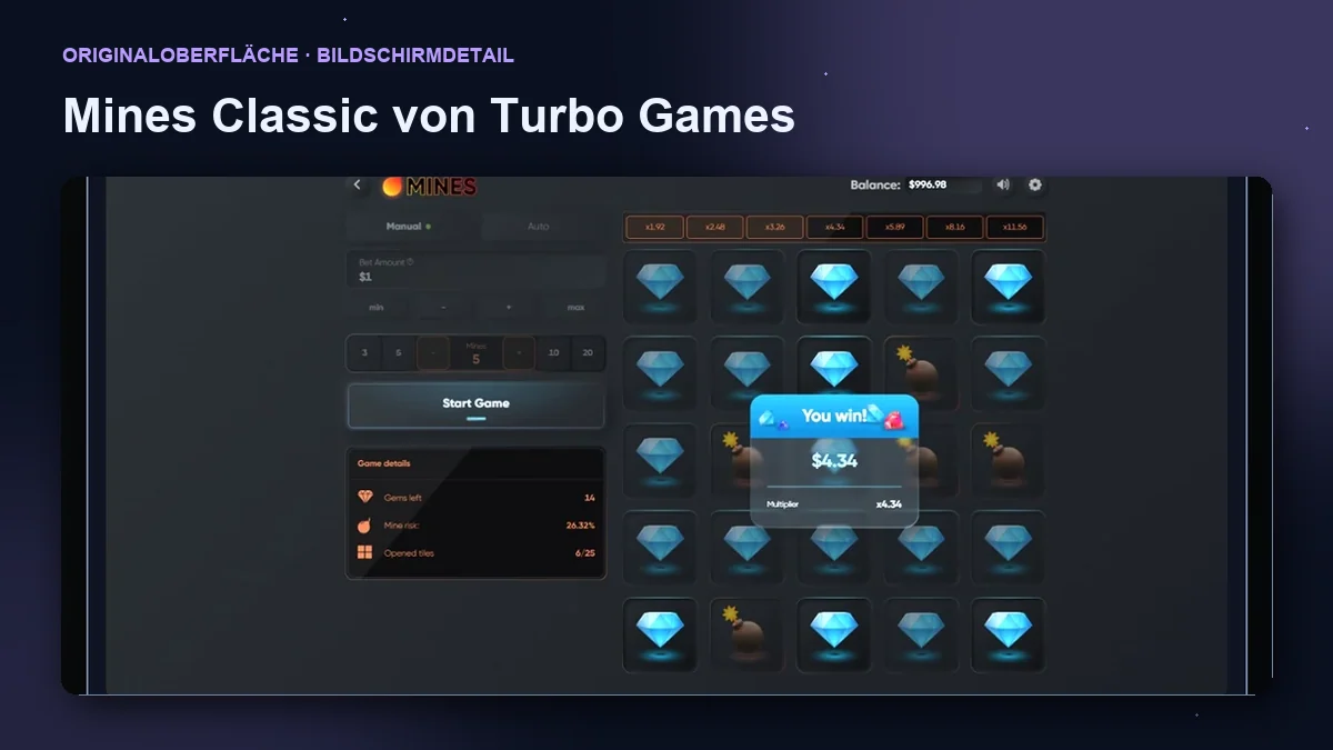 Mines Classic von Turbo Games: Detail der Spieloberfläche.