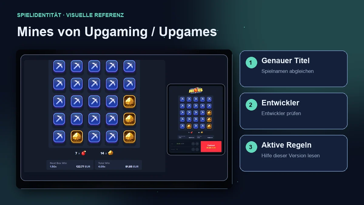 Mines von Upgaming / Upgames: Oberfläche mit Prüfung von Titel, Entwickler und Regeln.