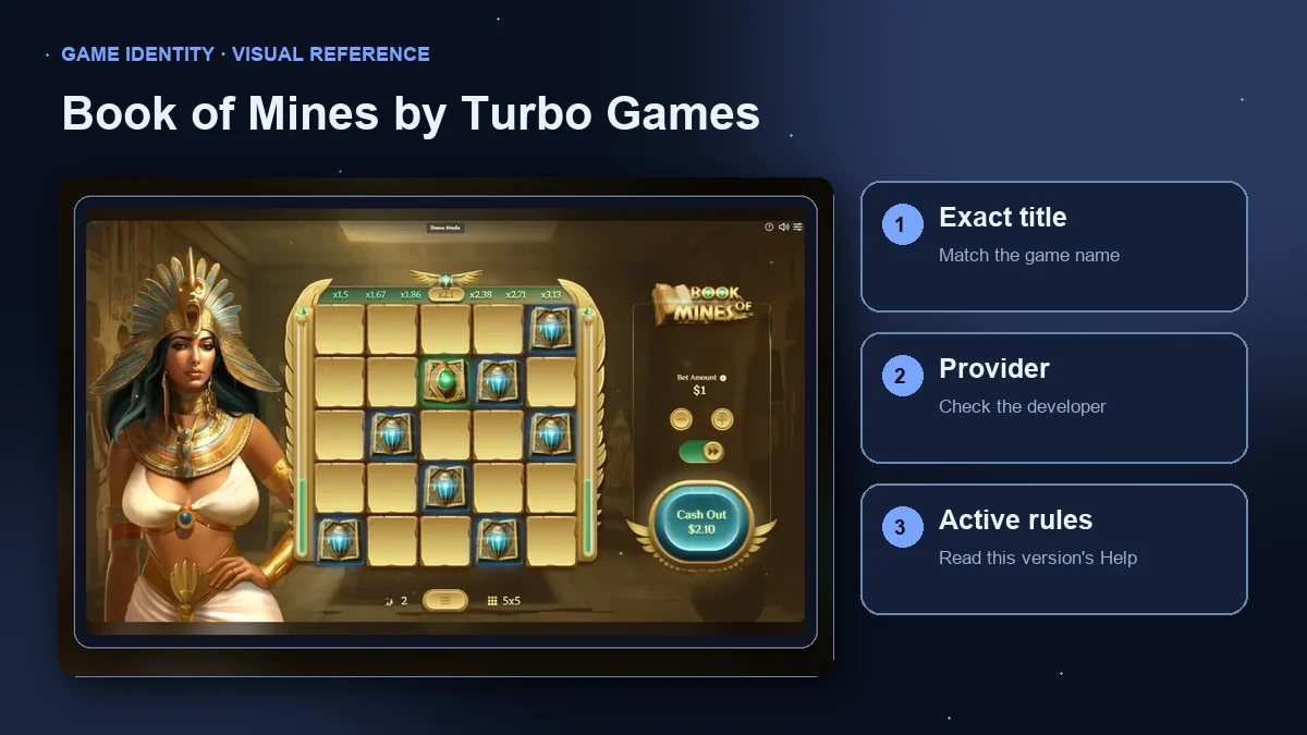 Book of Mines by Turbo Games interface with checks for the exact title, provider and active rules.