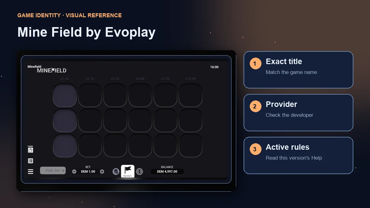 Mine Field by Evoplay interface with checks for the exact title, provider and active rules.