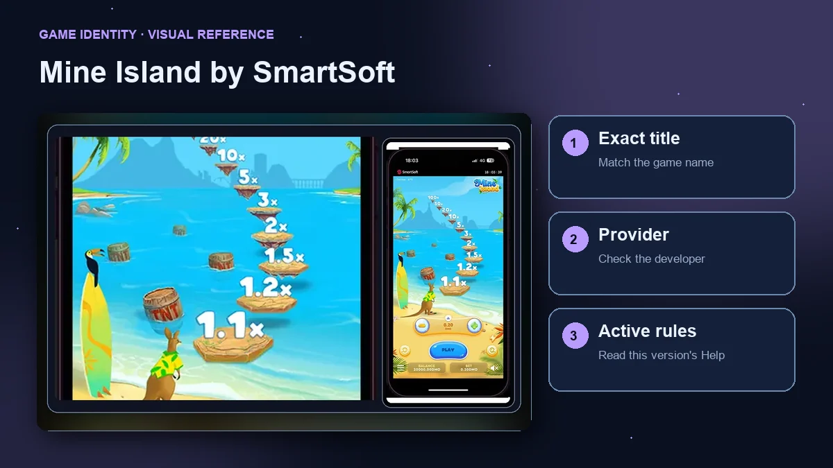 Mine Island by SmartSoft interface with checks for the exact title, provider and active rules.