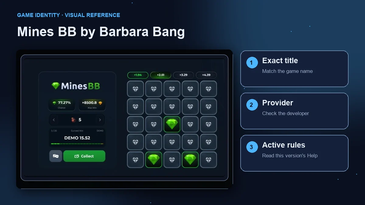 Mines BB by Barbara Bang interface with checks for the exact title, provider and active rules.