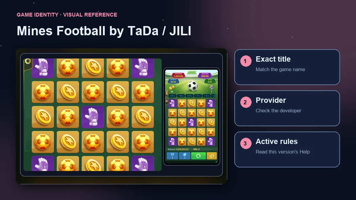 Mines Football by TaDa / JILI interface with checks for the exact title, provider and active rules.