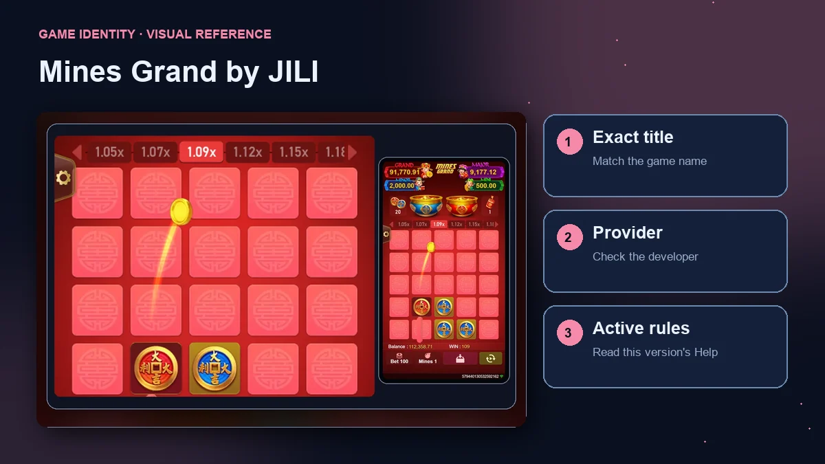 Mines Grand by JILI interface with checks for the exact title, provider and active rules.