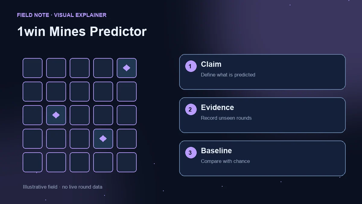 Illustrative grid beside three checks: prediction claim, evidence from unseen rounds and comparison with chance.