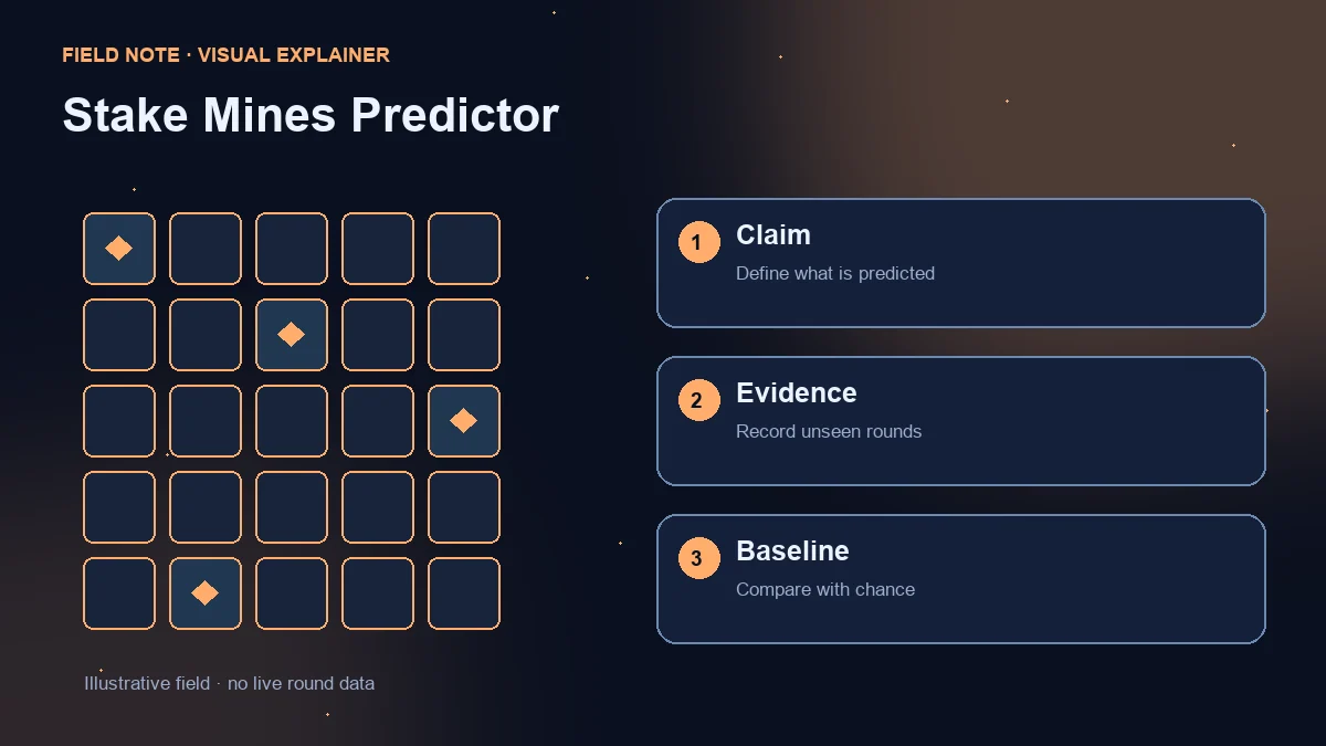 Illustrative grid beside three checks: prediction claim, evidence from unseen rounds and comparison with chance.