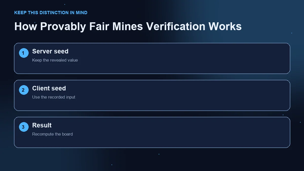 Three-step diagram: revealed server seed, recorded client seed and recomputed result.