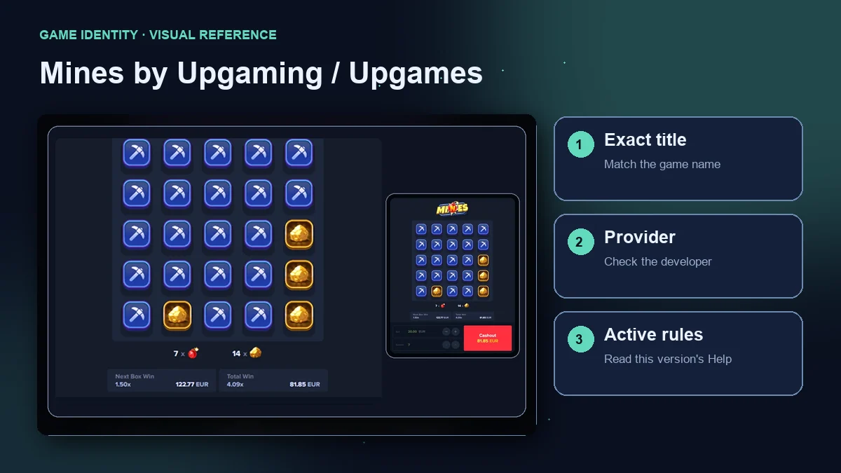 Mines by Upgaming / Upgames interface with checks for the exact title, provider and active rules.