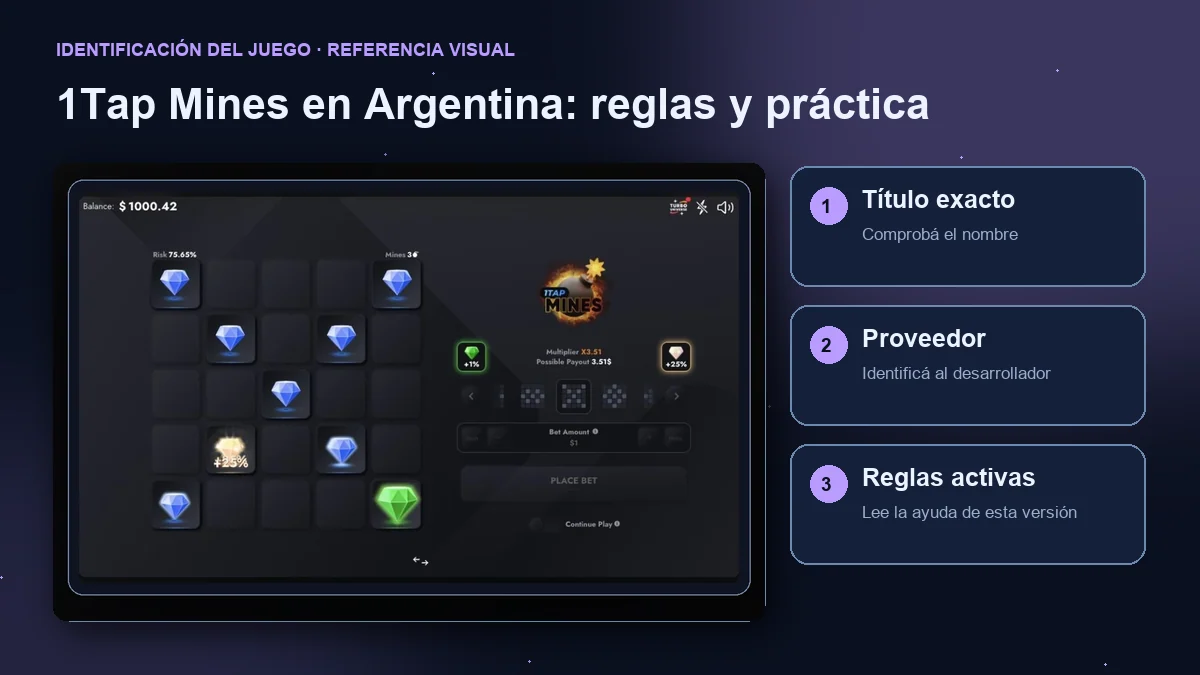 1Tap Mines de Turbo Games: interfaz con comprobaciones de título, proveedor y reglas.