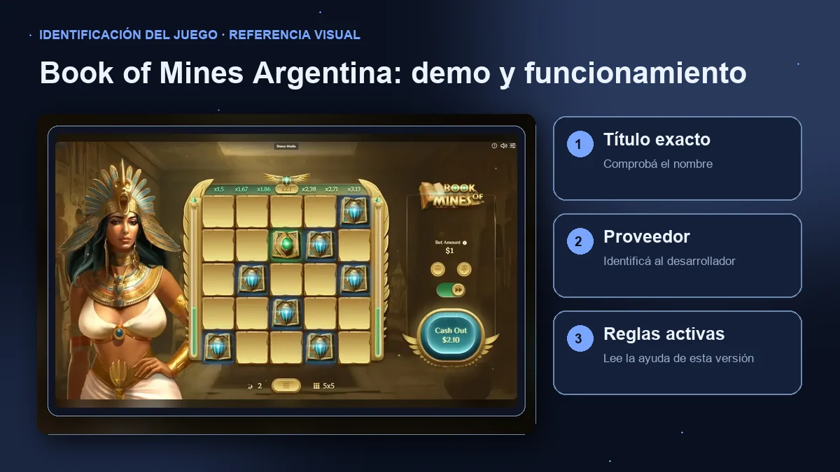 Book of Mines de Turbo Games: interfaz con comprobaciones de título, proveedor y reglas.