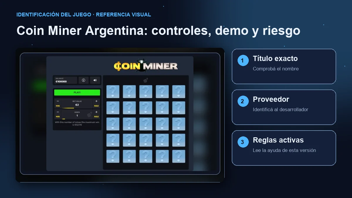Coin Miner de Gaming Corps: interfaz con comprobaciones de título, proveedor y reglas.