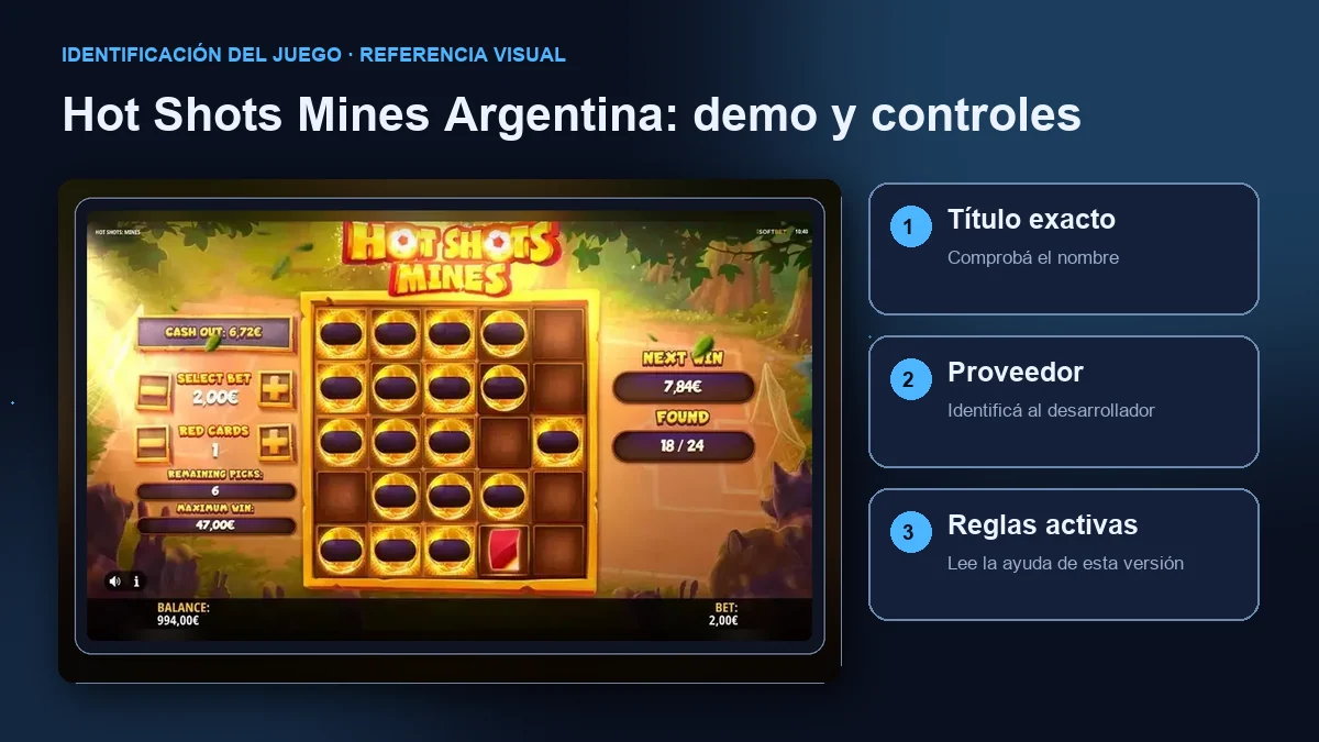 Hot Shots Mines de iSoftBet: interfaz con comprobaciones de título, proveedor y reglas.