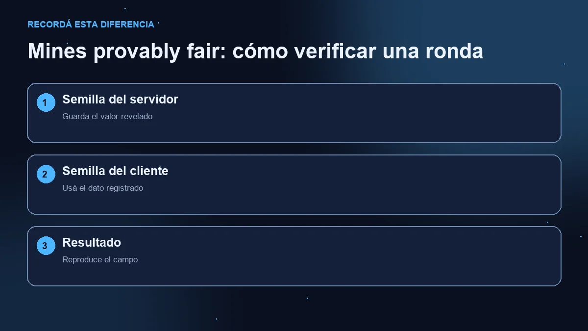 Diagrama de tres pasos: semilla del servidor revelada, semilla del cliente y resultado reproducido.