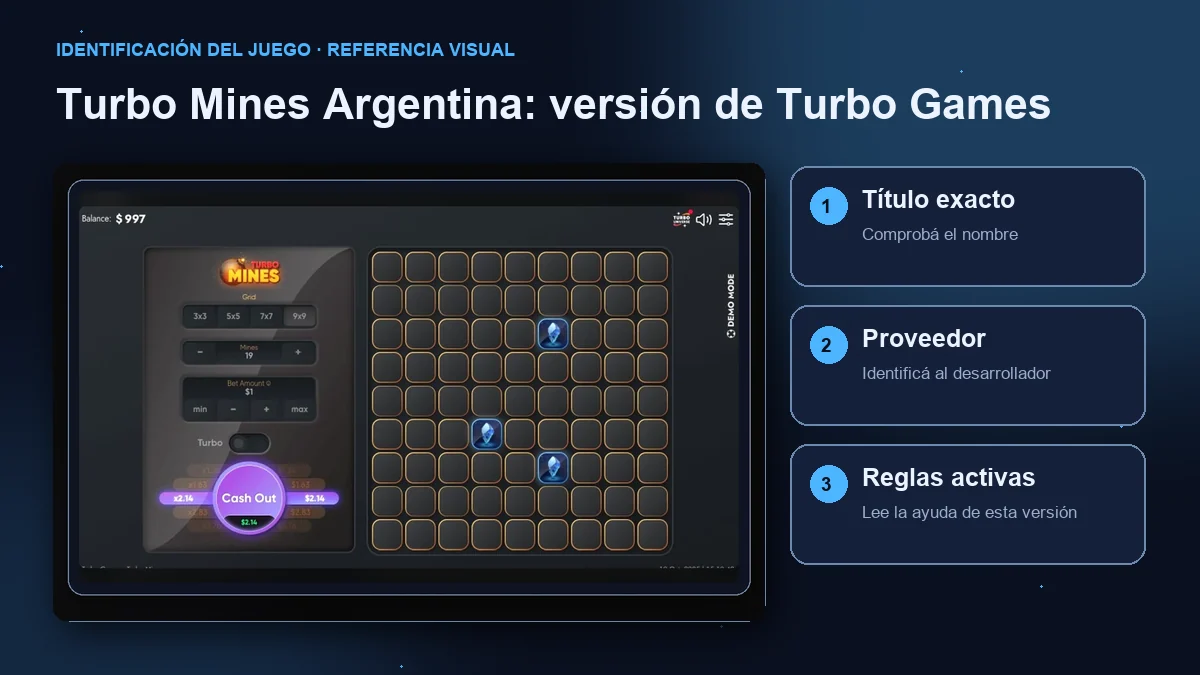 Turbo Mines de Turbo Games: interfaz con comprobaciones de título, proveedor y reglas.