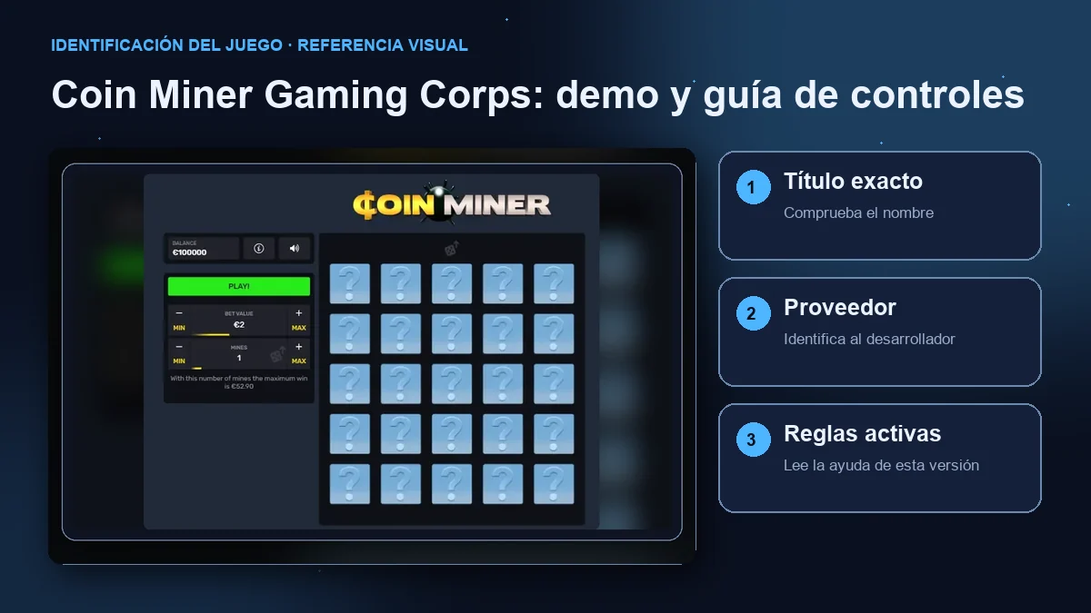 Coin Miner de Gaming Corps: interfaz con comprobaciones de título, proveedor y reglas.