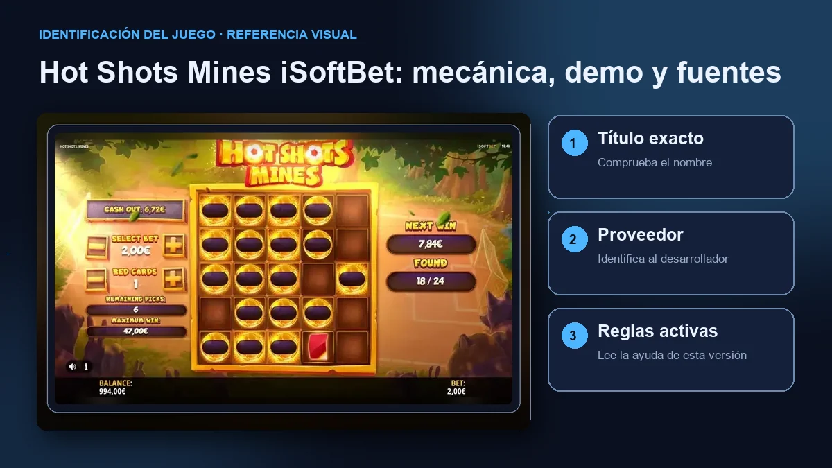 Hot Shots Mines de iSoftBet: interfaz con comprobaciones de título, proveedor y reglas.