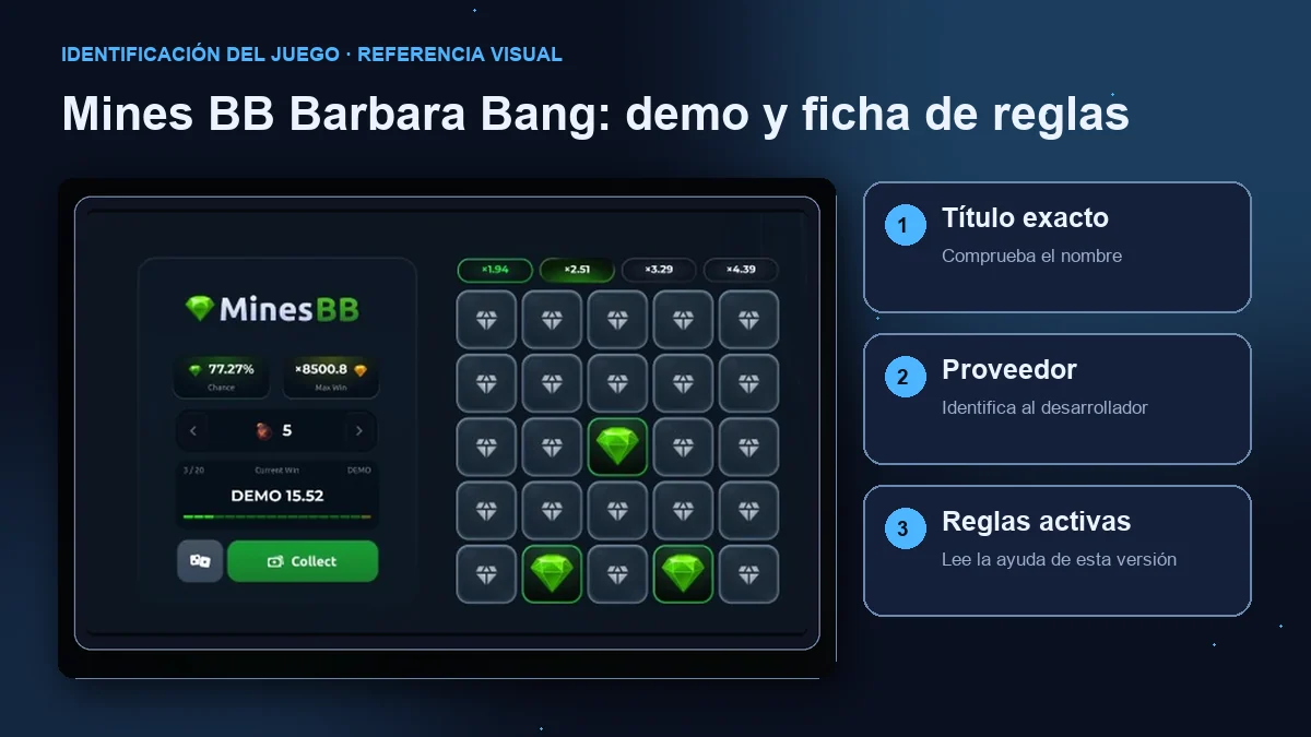 Mines BB de Barbara Bang: interfaz con comprobaciones de título, proveedor y reglas.
