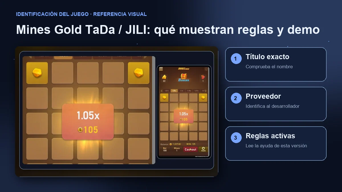Mines Gold de TaDa / JILI: interfaz con comprobaciones de título, proveedor y reglas.