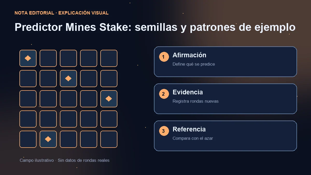 Campo ilustrativo y tres comprobaciones: afirmación predictiva, rondas nuevas y comparación con el azar.