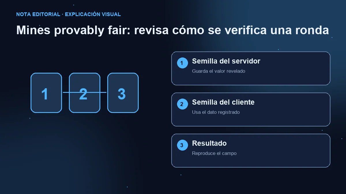 Diagrama de tres pasos: semilla del servidor revelada, semilla del cliente y resultado reproducido.
