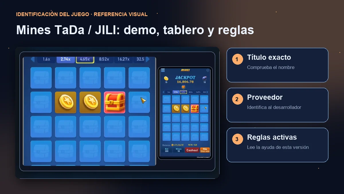 Mines de TaDa / JILI: interfaz con comprobaciones de título, proveedor y reglas.