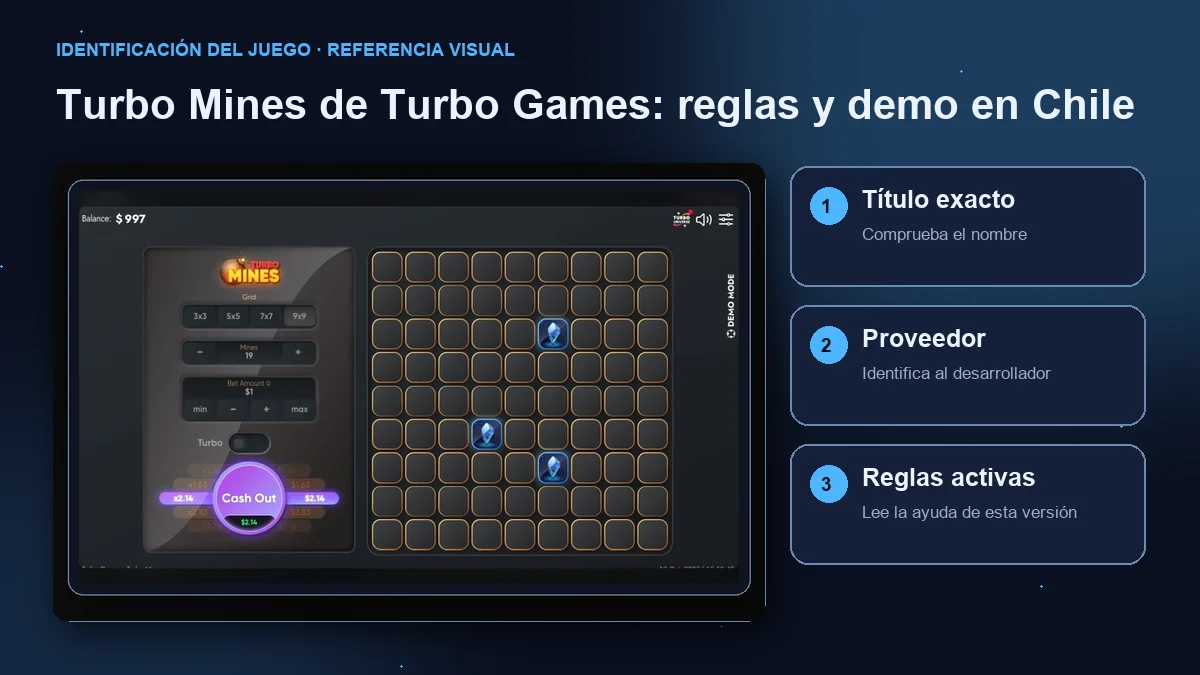 Turbo Mines de Turbo Games: interfaz con comprobaciones de título, proveedor y reglas.