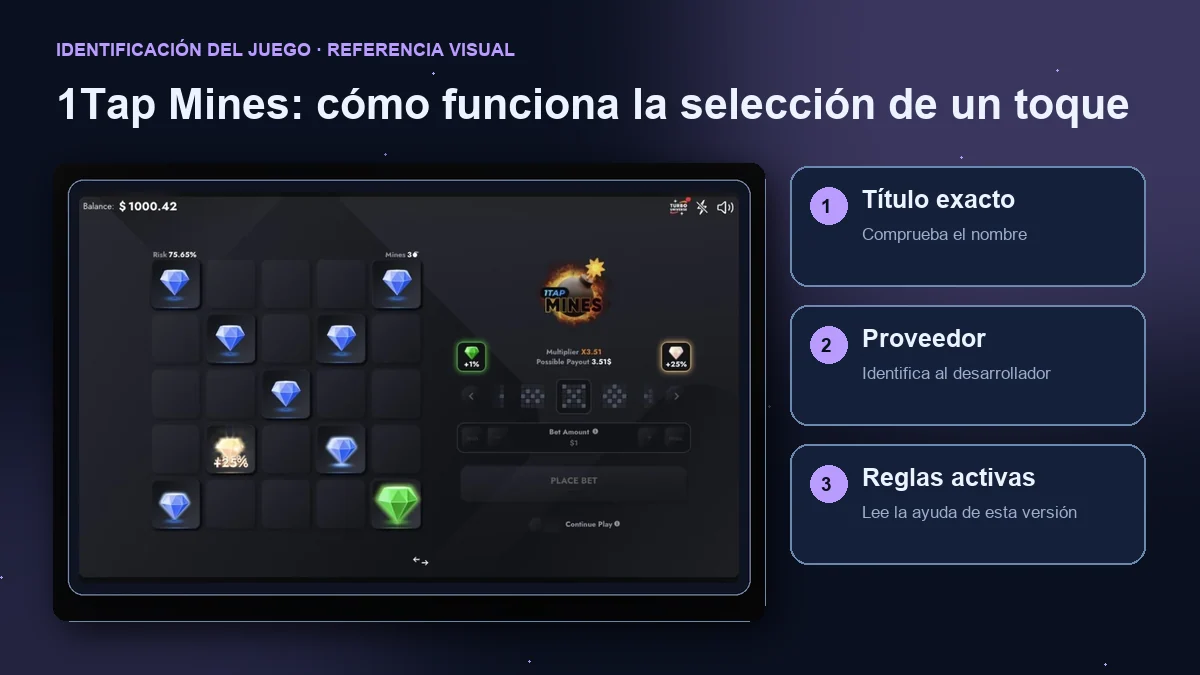 1Tap Mines de Turbo Games: interfaz con comprobaciones de título, proveedor y reglas.