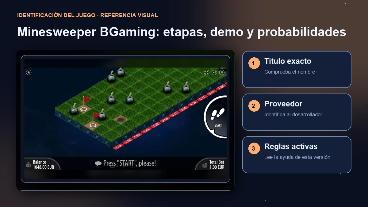 Minesweeper de BGaming: interfaz con comprobaciones de título, proveedor y reglas.