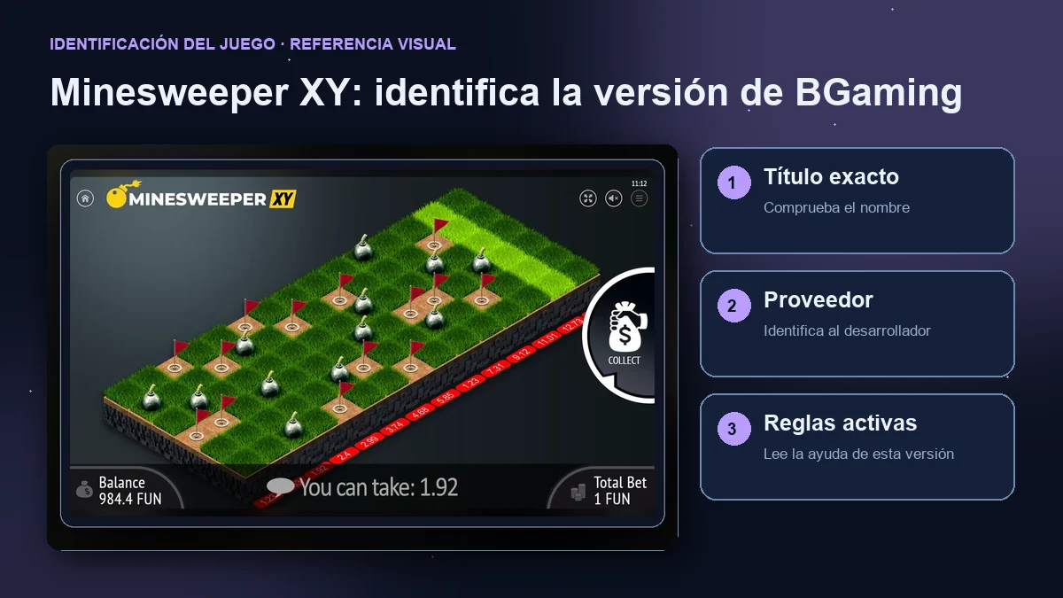 Minesweeper XY de BGaming: interfaz con comprobaciones de título, proveedor y reglas.
