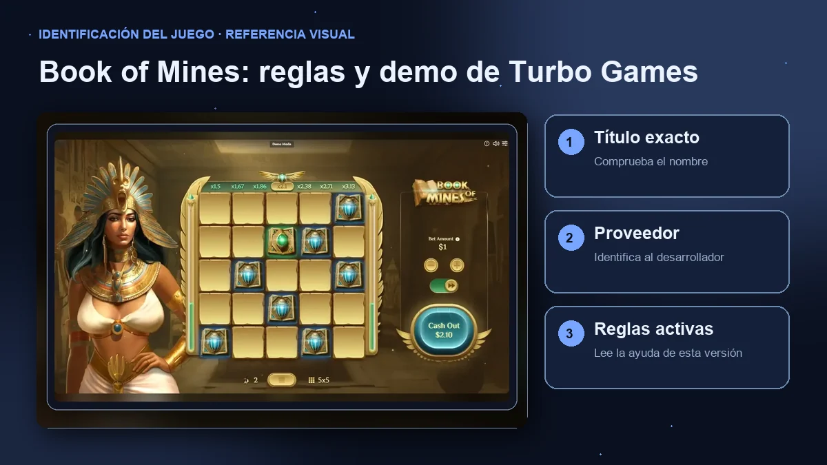 Book of Mines de Turbo Games: interfaz con comprobaciones de título, proveedor y reglas.
