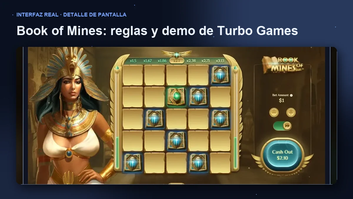 Book of Mines de Turbo Games: detalle ampliado de la interfaz del juego.