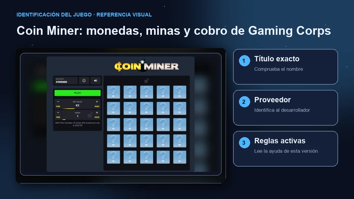Coin Miner de Gaming Corps: interfaz con comprobaciones de título, proveedor y reglas.