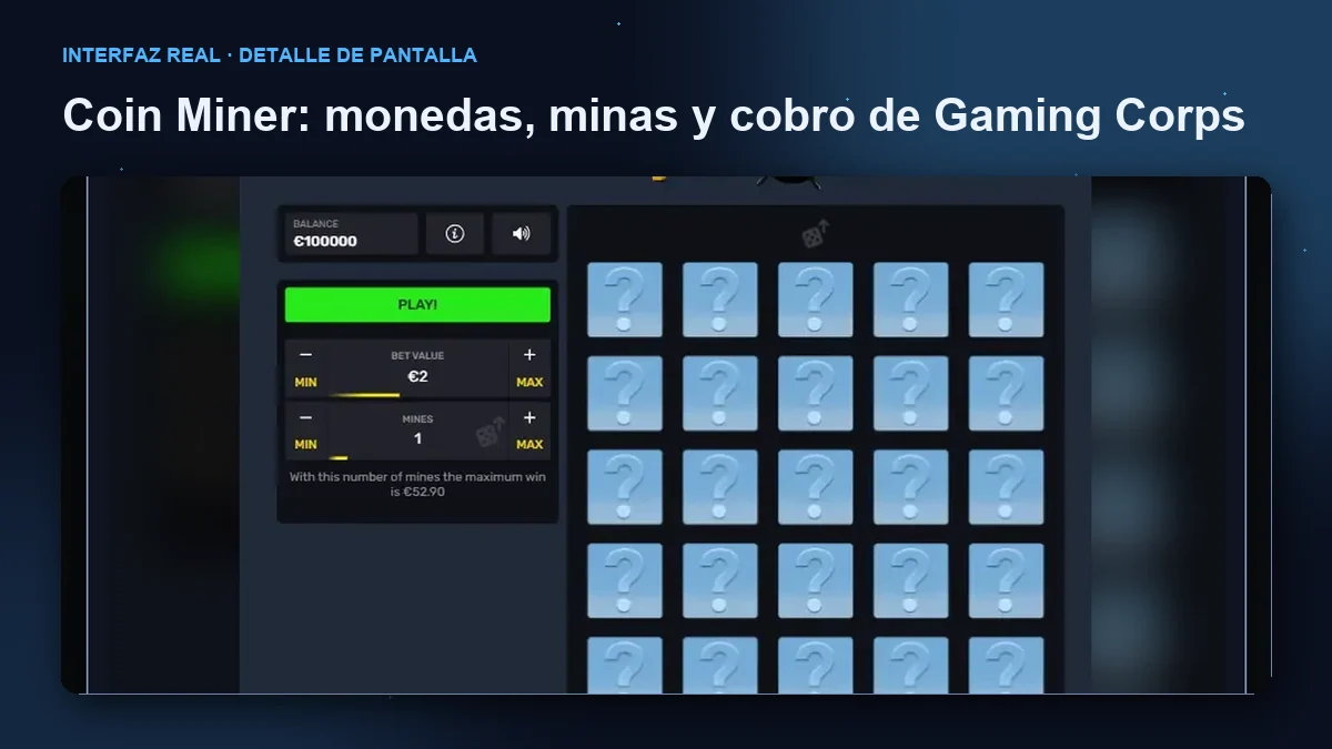 Coin Miner de Gaming Corps: detalle ampliado de la interfaz del juego.