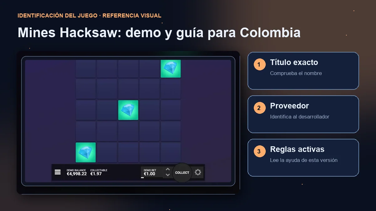 Mines de Hacksaw Gaming: interfaz con comprobaciones de título, proveedor y reglas.