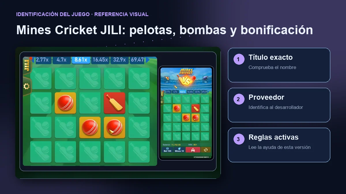 Mines Cricket de JILI: interfaz con comprobaciones de título, proveedor y reglas.