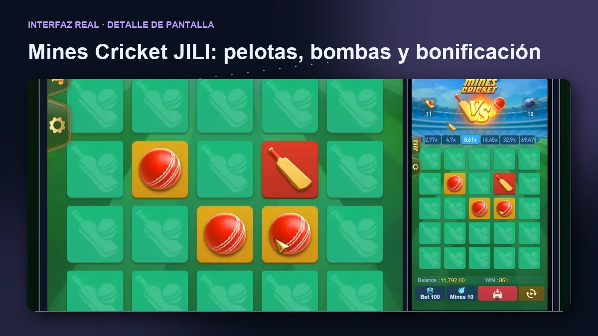 Mines Cricket de JILI: detalle ampliado de la interfaz del juego.