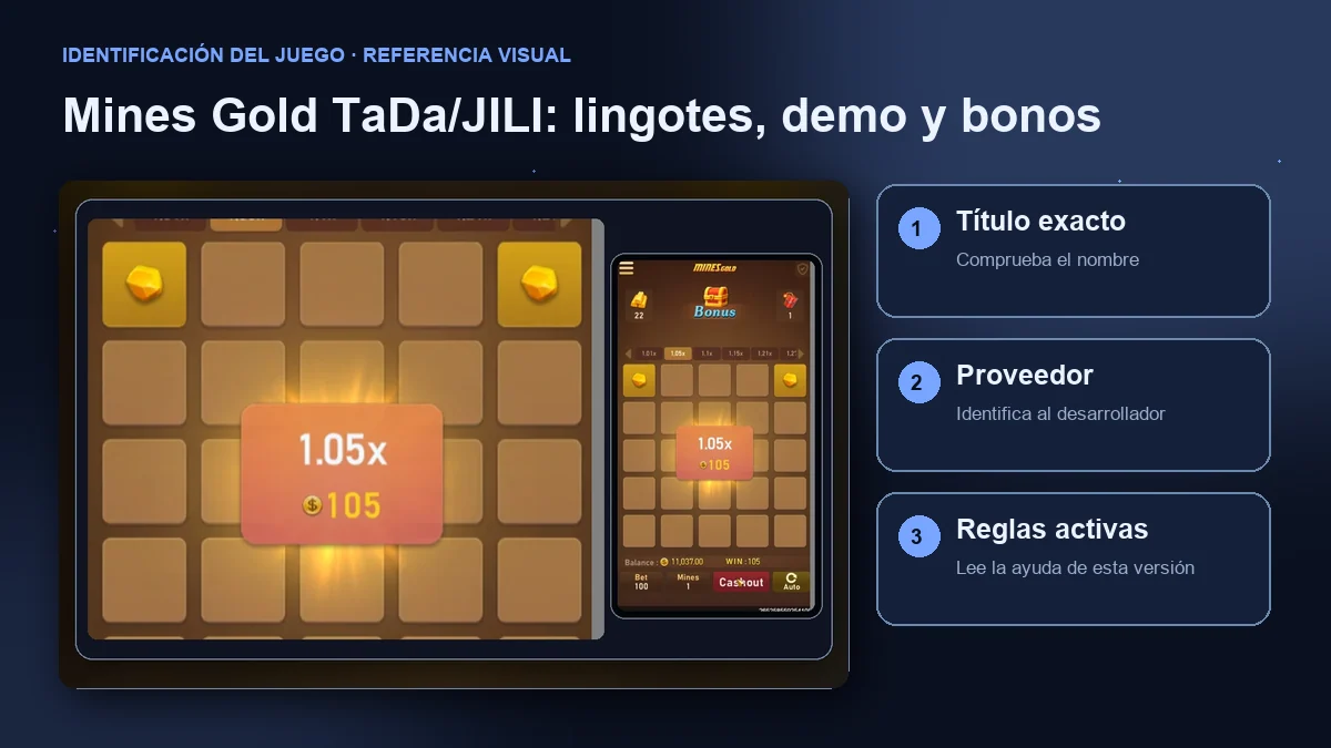 Mines Gold de TaDa / JILI: interfaz con comprobaciones de título, proveedor y reglas.